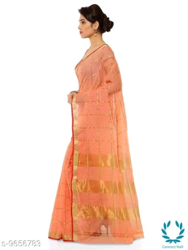 Orange Kota Doria Cotton Zari Stripes Checks saree with Unstitched Blouse piece - Striped, Pack Of :1